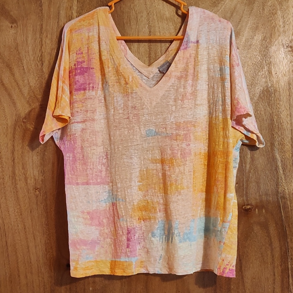 Chico's Pastel Linen Tee Peach Pink Aqua Double V-Neck Dolman Sleeve Spring Lrg